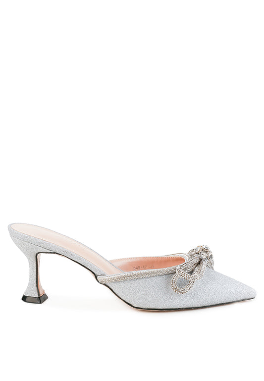 Gemini Ribbon Heeled Mules Silver